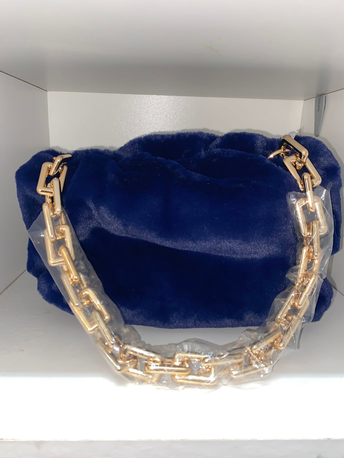 Navy Blue Fur Clutch Bag with Gold Chain