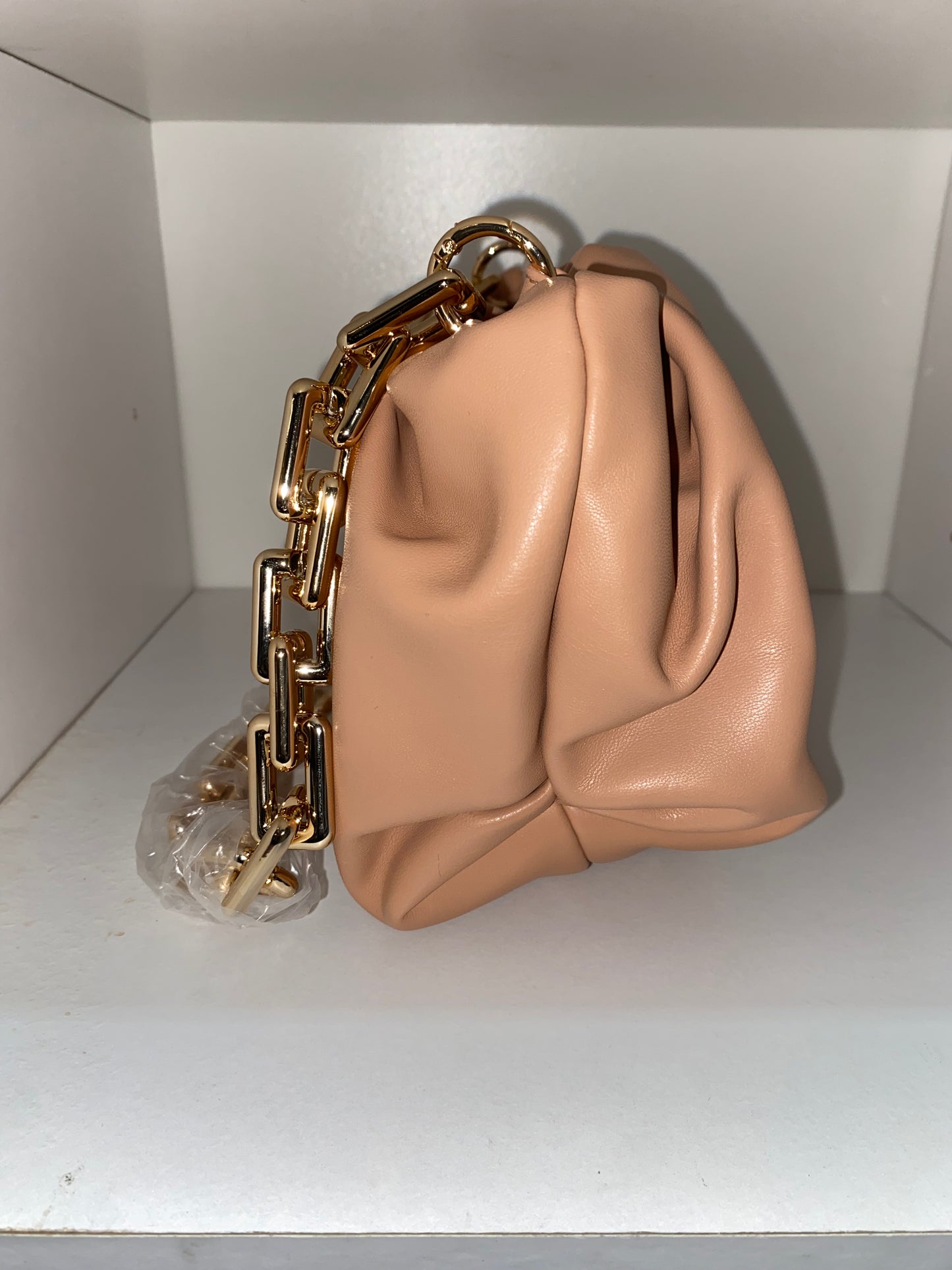 Beige Leather Clutch Bag with Gold Chain