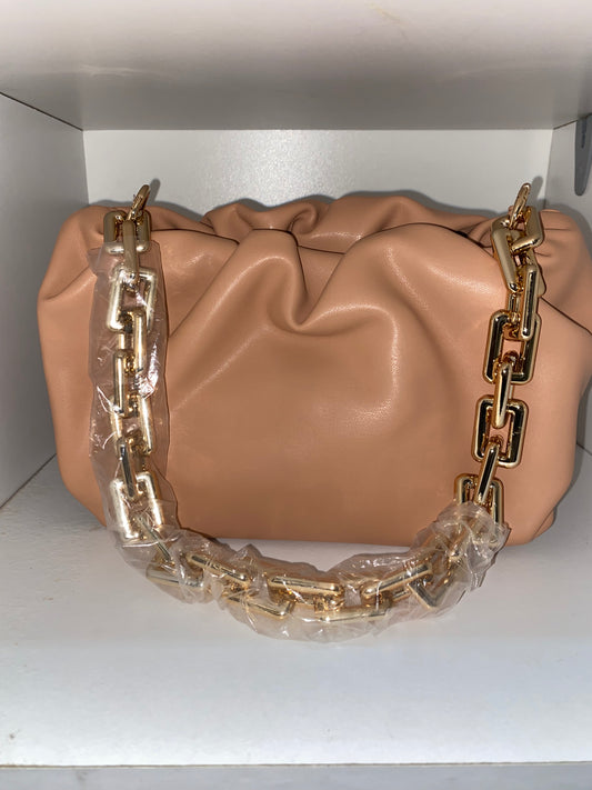 Beige Leather Clutch Bag with Gold Chain