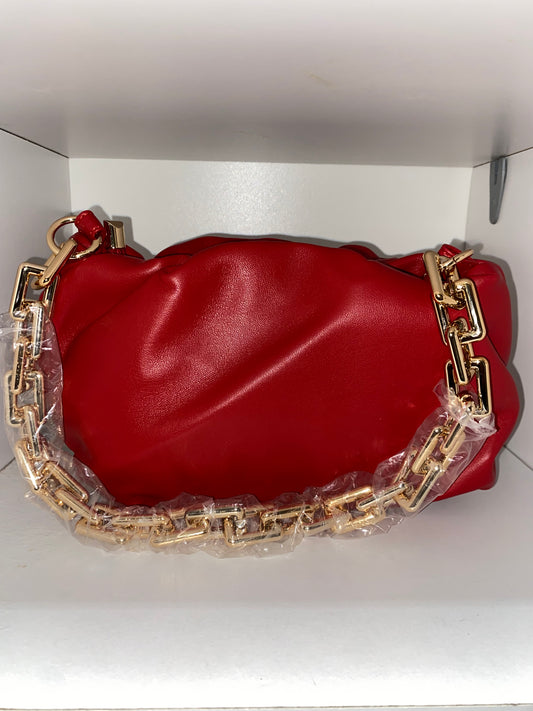 Red Leather Clutch Bag with Gold Chain