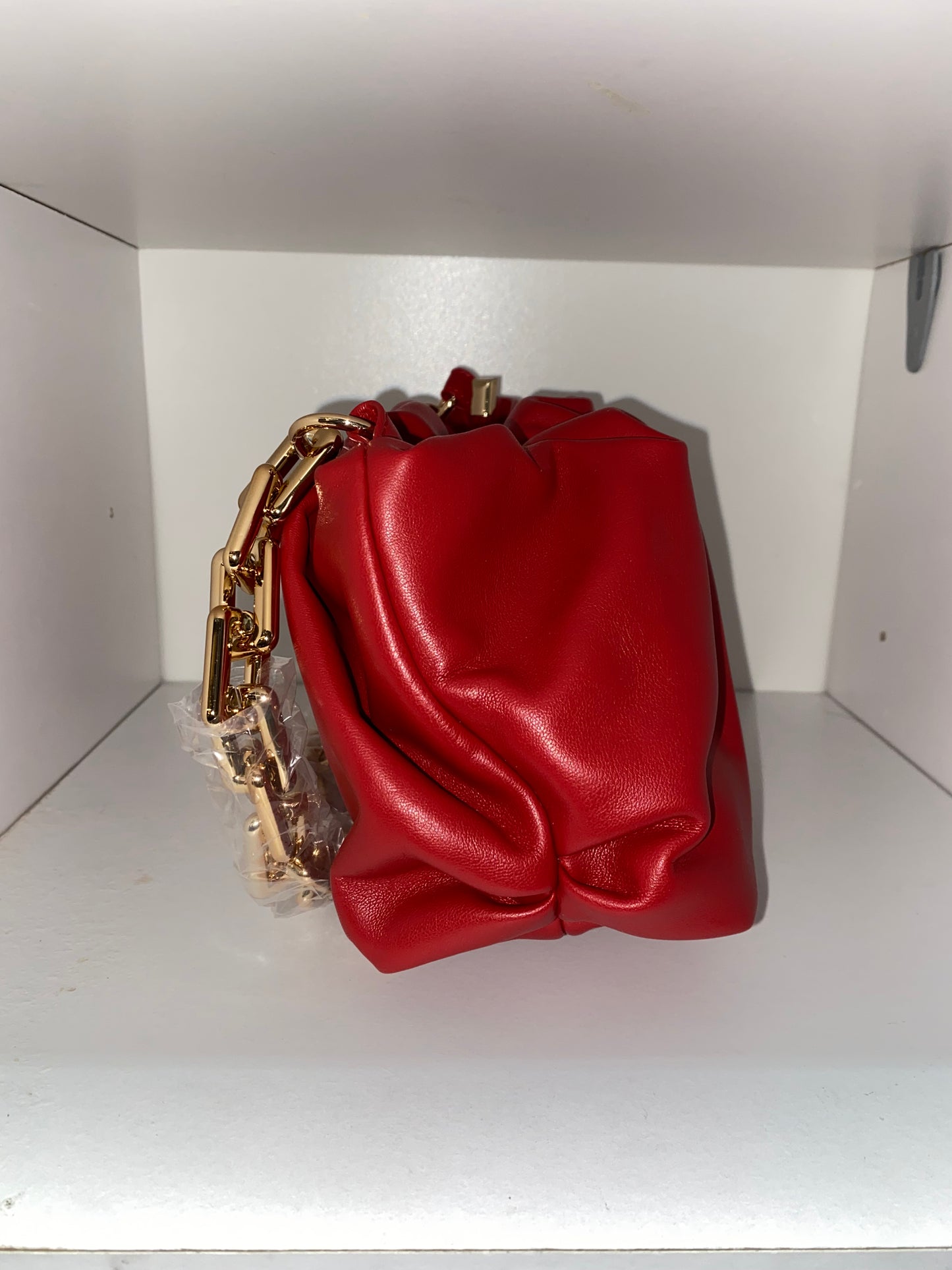 Red Leather Clutch Bag with Gold Chain