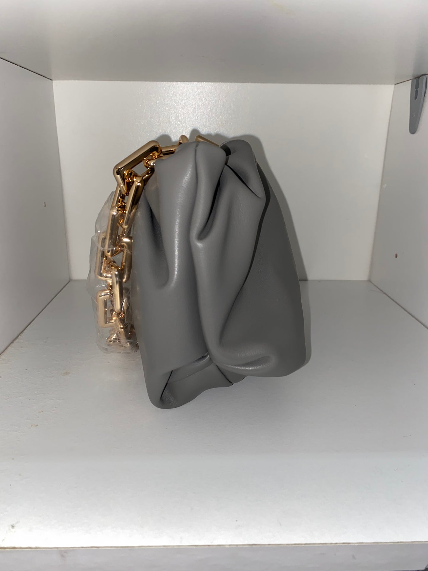 Grey Leather Clutch Bag with Gold Chain