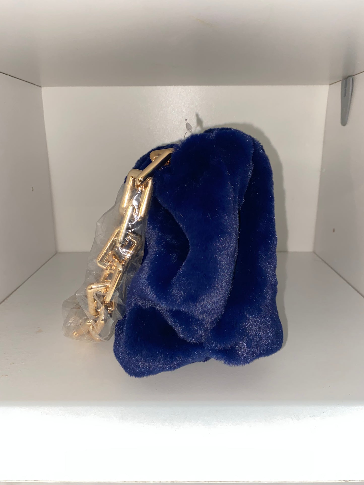 Navy Blue Fur Clutch Bag with Gold Chain