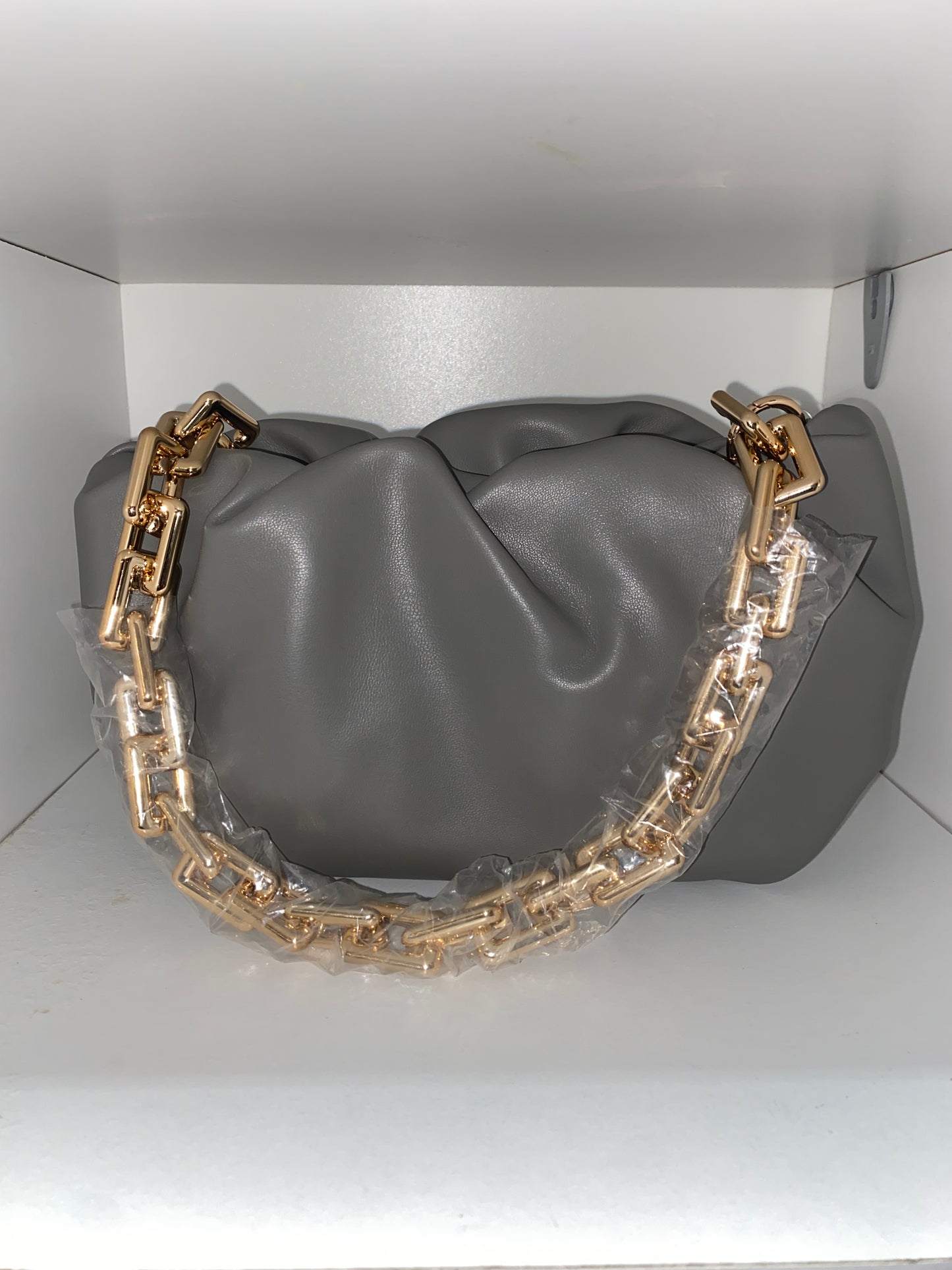 Grey Leather Clutch Bag with Gold Chain